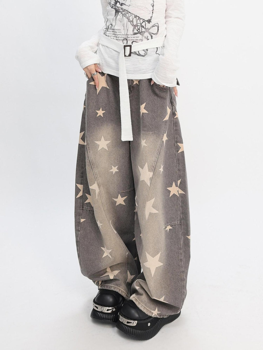 catwish Washed Distressed Star Print Low Rise Women's Denim Wide-leg Jeans
