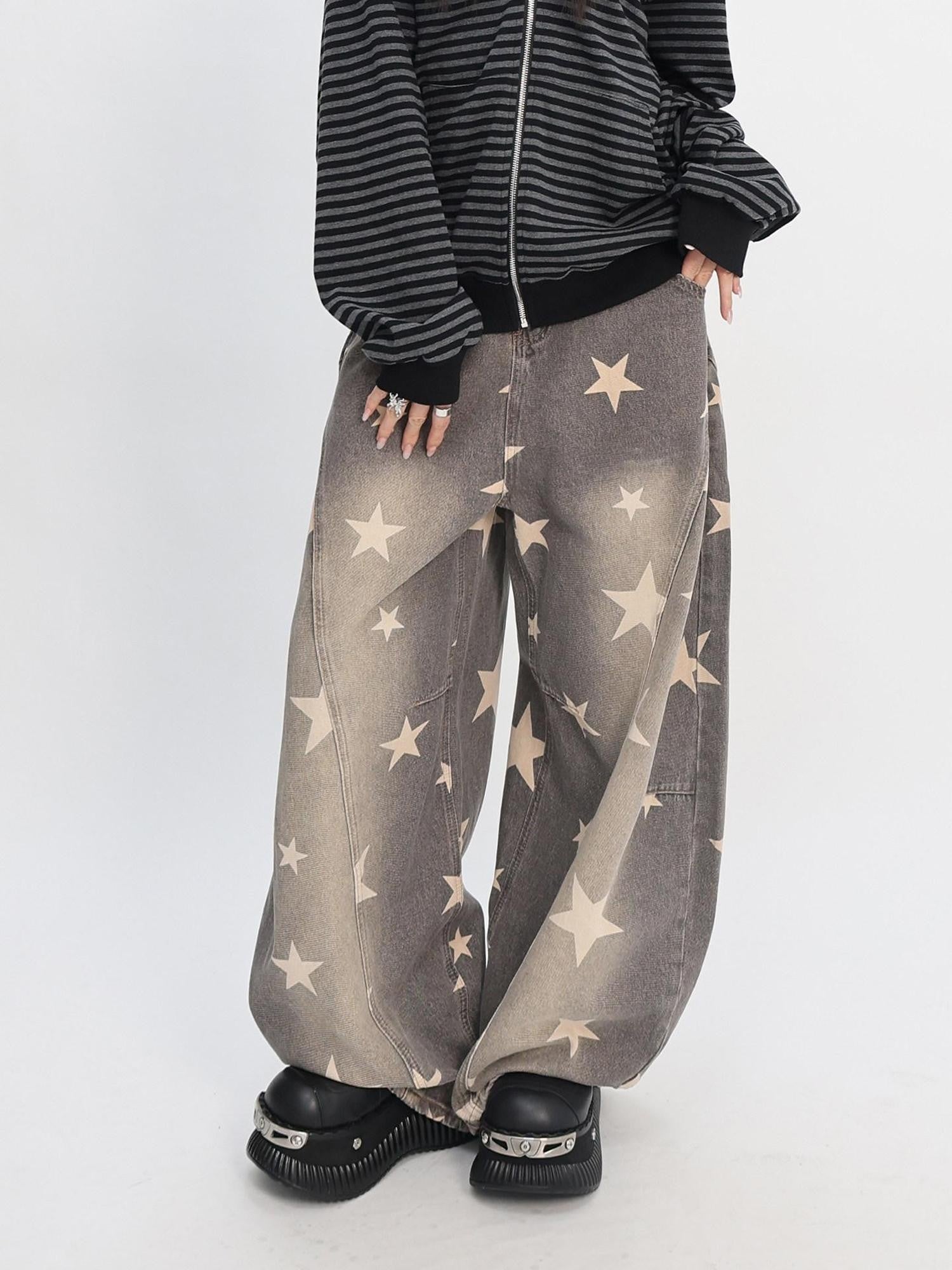 catwish Washed Distressed Star Print Low Rise Women's Denim Wide-leg Jeans