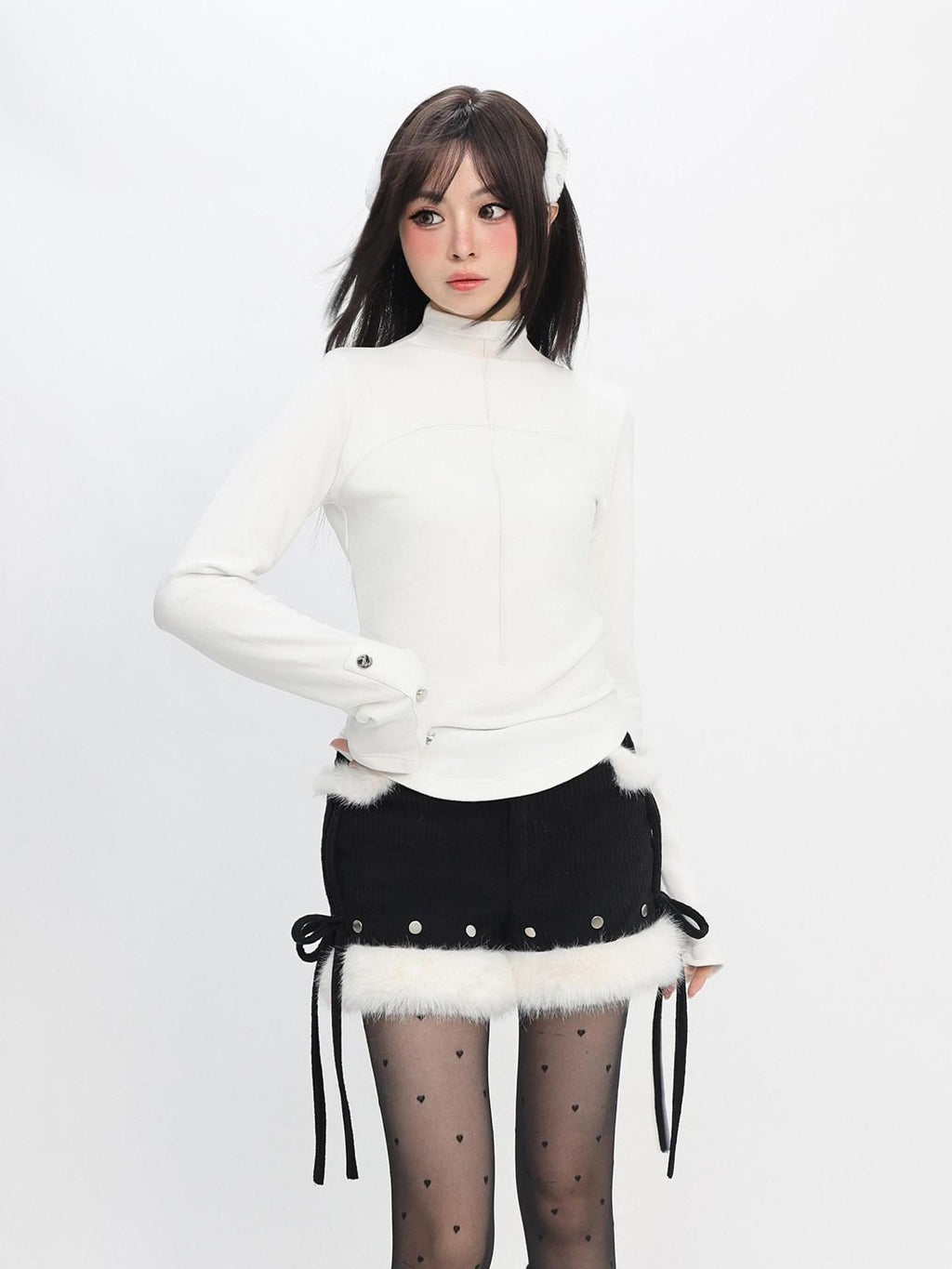 catwish White Half High Collar Fleece Lined Slim Fit Women's Long Sleeve T-shirts