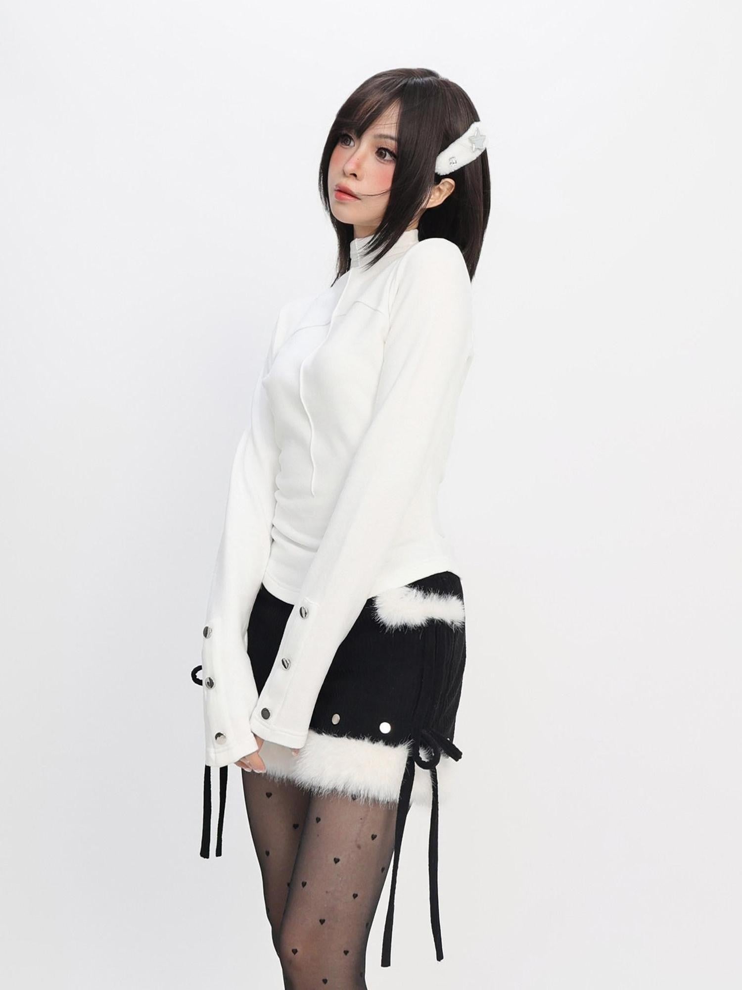 catwish White Half High Collar Fleece Lined Slim Fit Women's Long Sleeve T-shirts