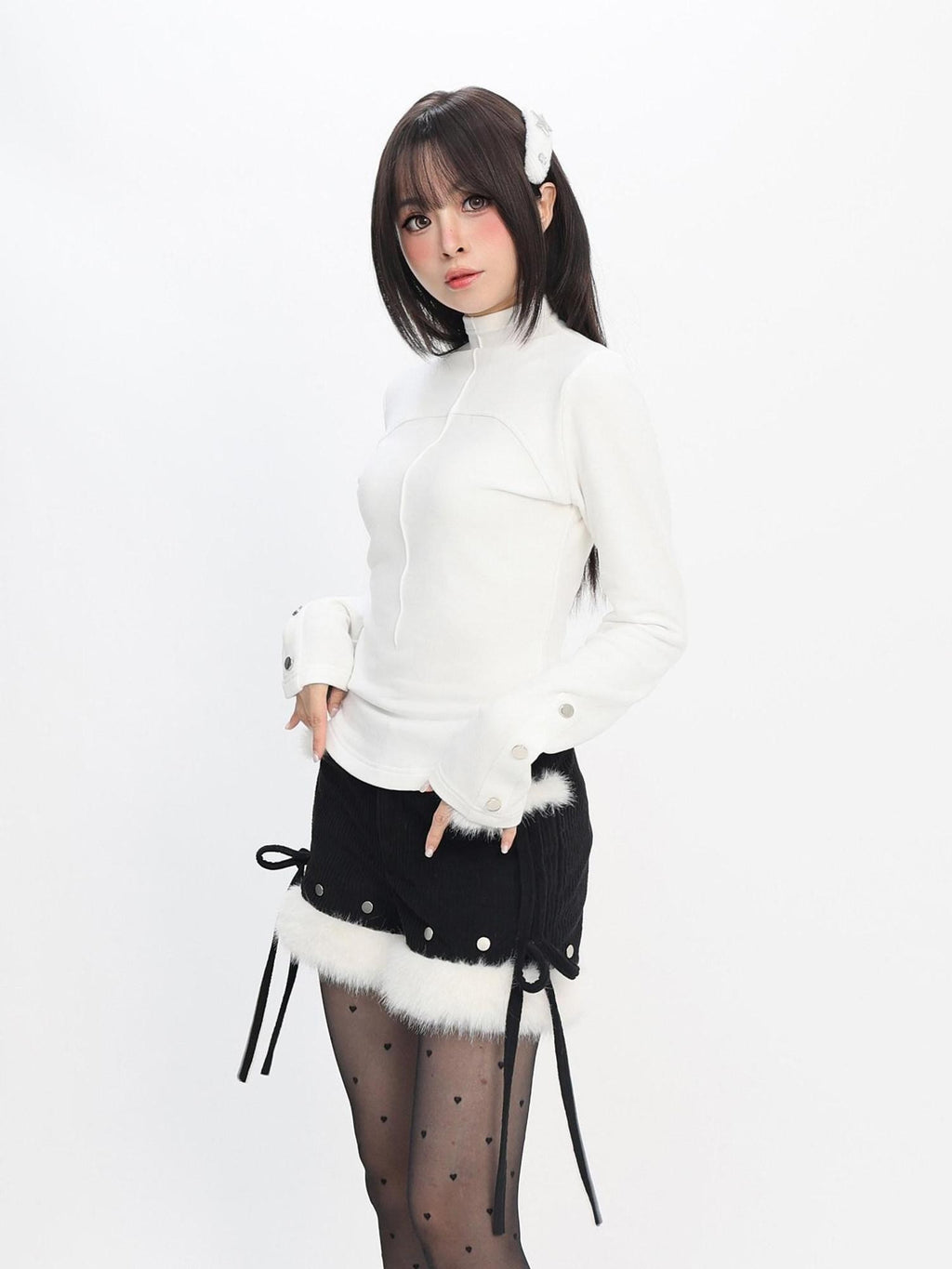 catwish White Half High Collar Fleece Lined Slim Fit Women's Long Sleeve T-shirts