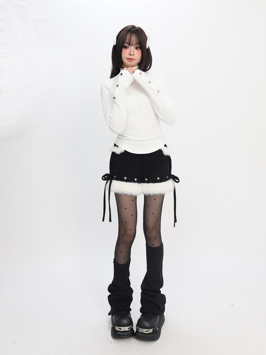 catwish White Half High Collar Fleece Lined Slim Fit Women's Long Sleeve T-shirts