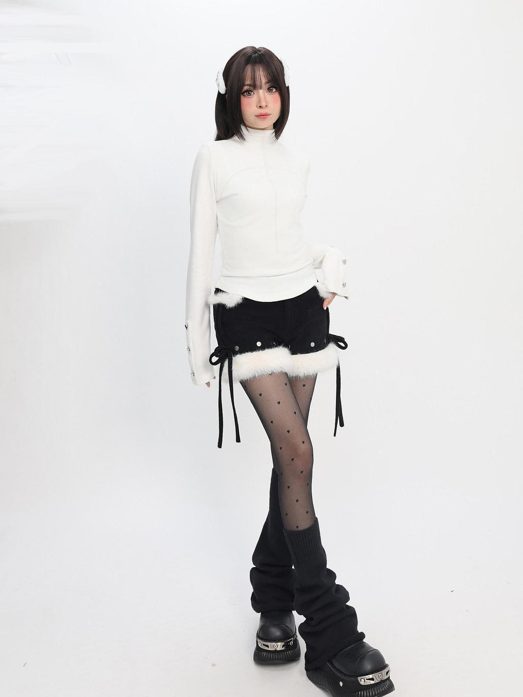 catwish White Half High Collar Fleece Lined Slim Fit Women's Long Sleeve T-shirts