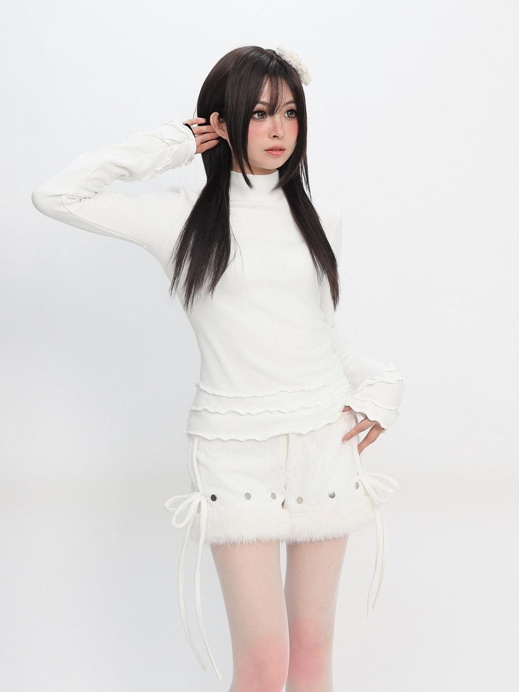 catwish White Thick Fleece Lined Mock Neck Women's Derong Long Sleeve T-shirts