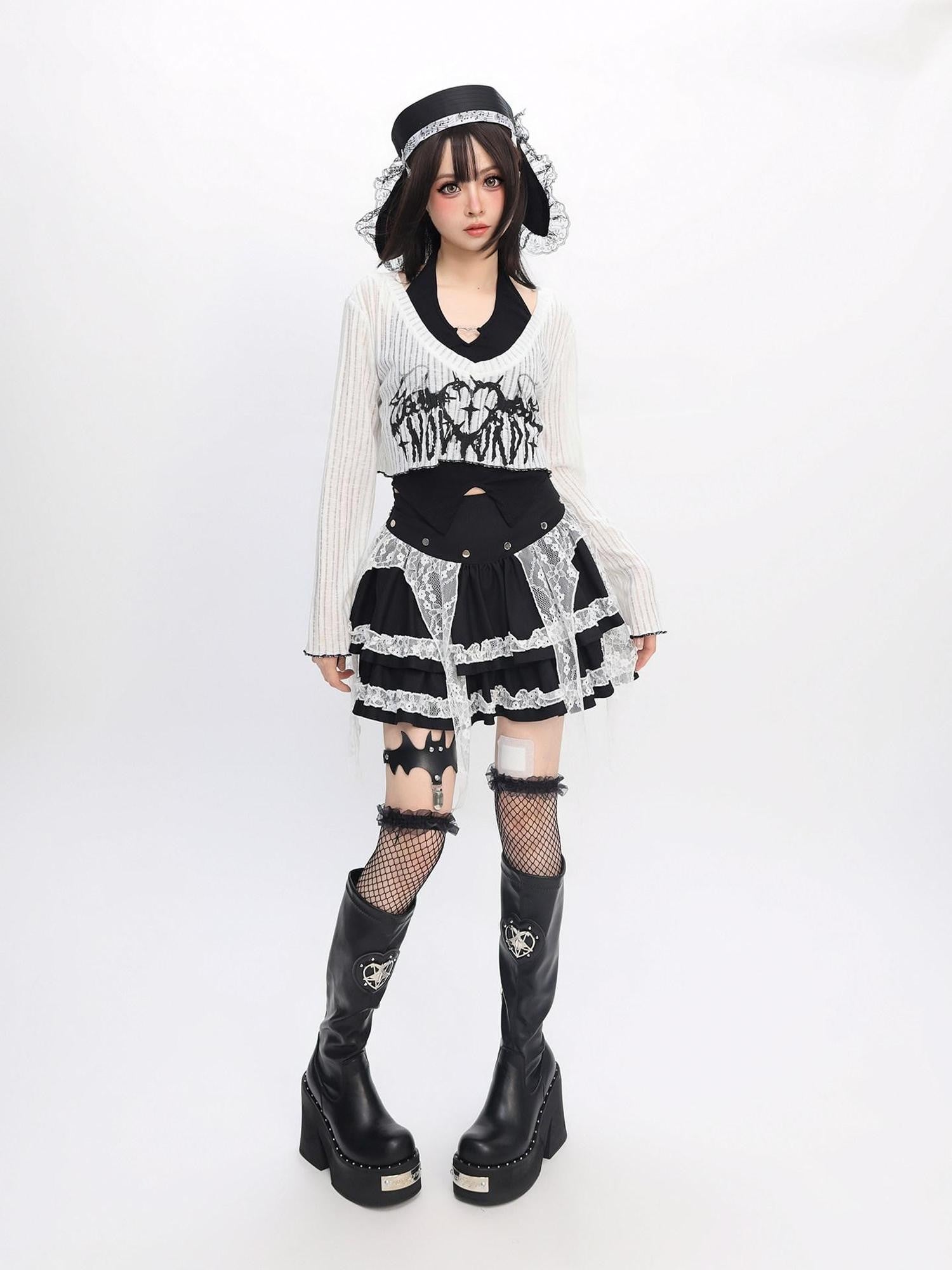 catwish Y2k Angel Lace Cross Letter Crop Women's Cotton Spandex Long Sleeve T-shirts