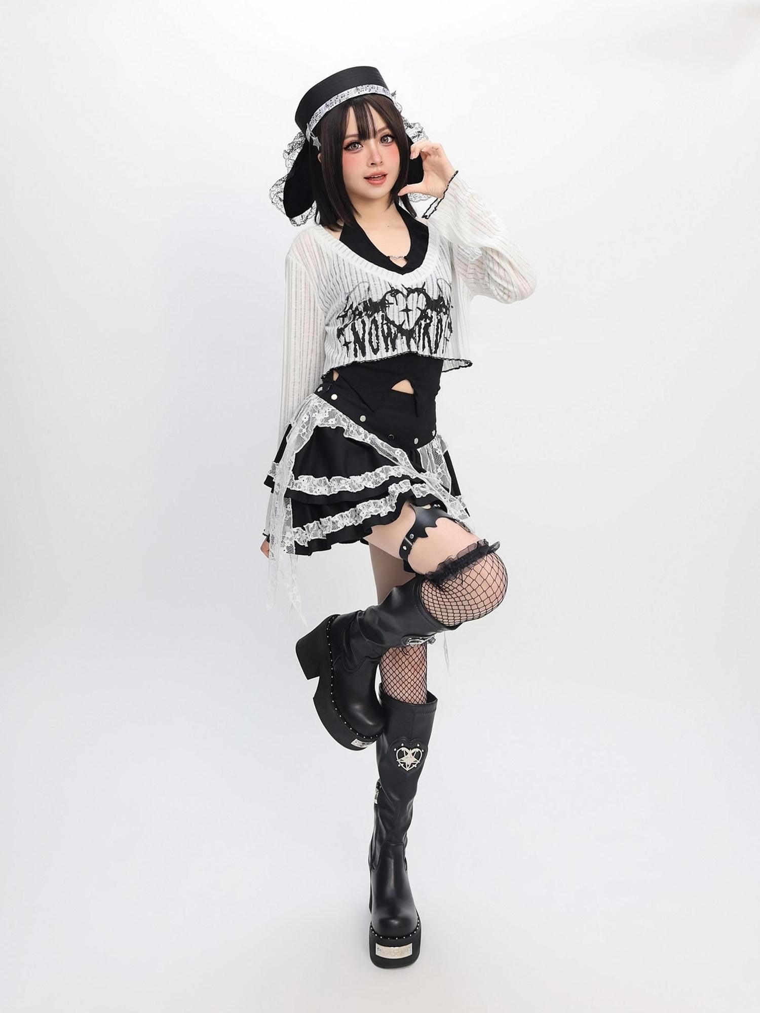 catwish Y2k Angel Lace Cross Letter Crop Women's Cotton Spandex Long Sleeve T-shirts