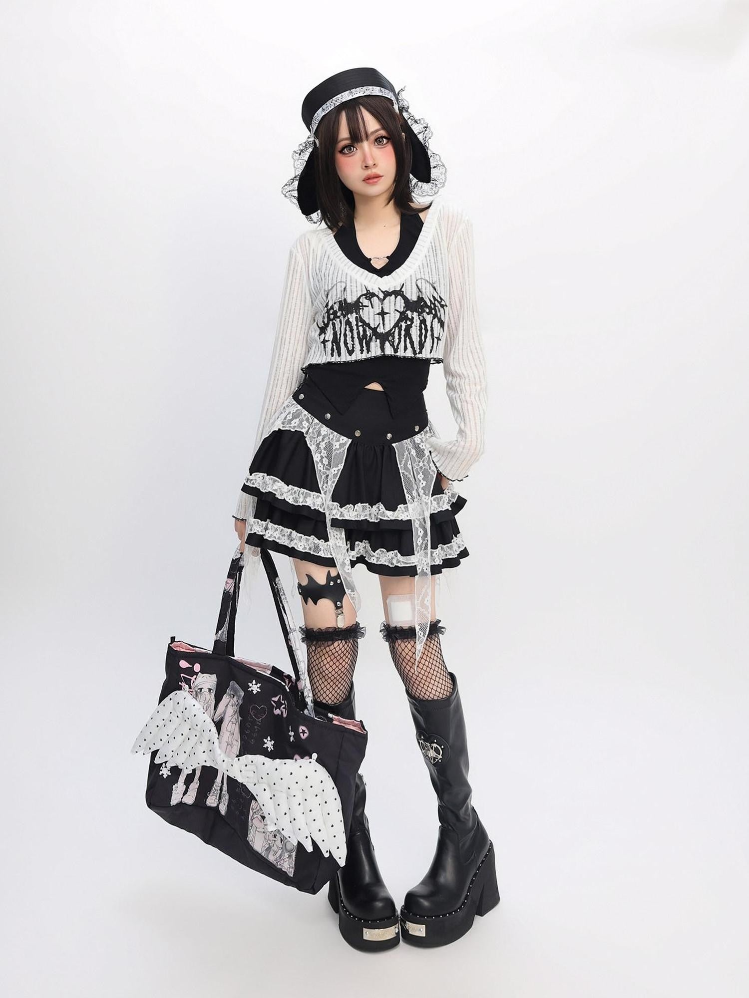 catwish Y2k Angel Lace Cross Letter Crop Women's Cotton Spandex Long Sleeve T-shirts