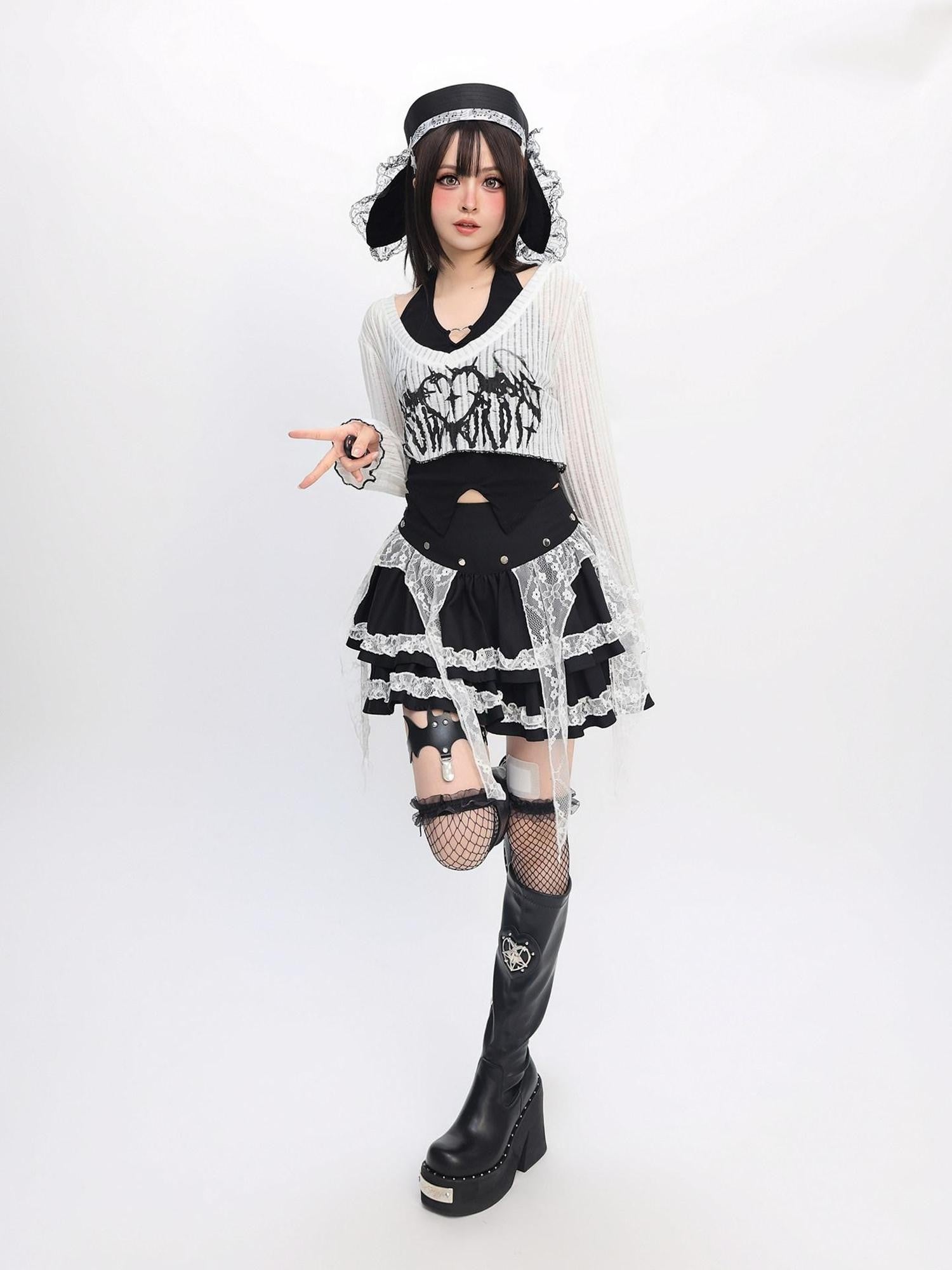 catwish Y2k Angel Lace Cross Letter Crop Women's Cotton Spandex Long Sleeve T-shirts