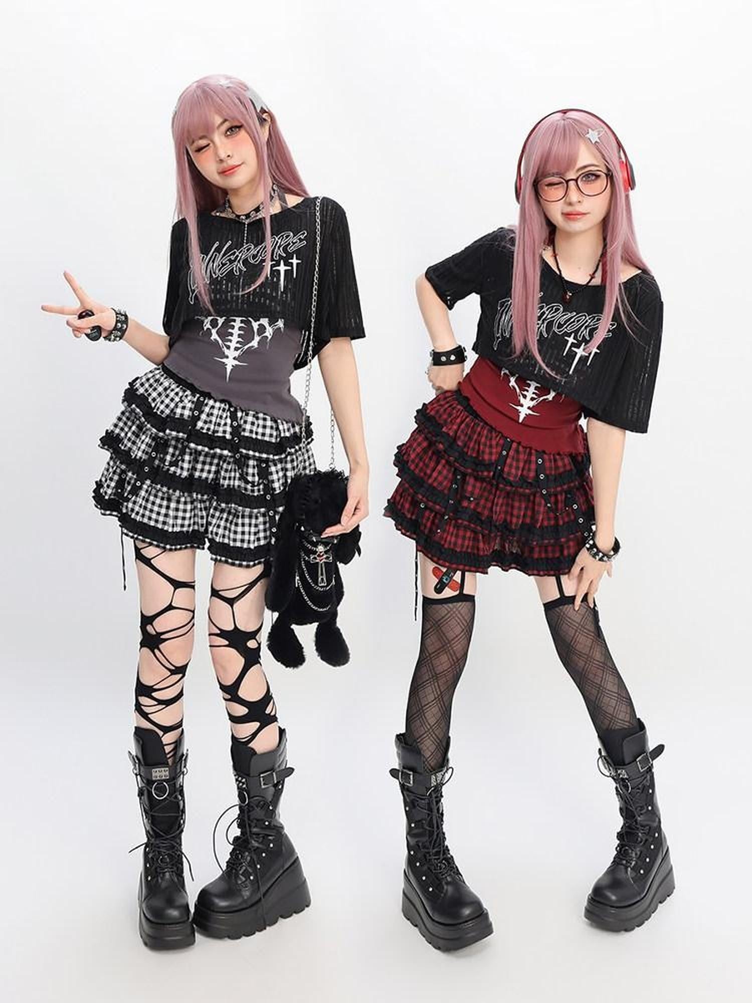 catwish Y2k Cropped Plaid Cartoon Print Women's Cotton Blend Top & Skirt Sets