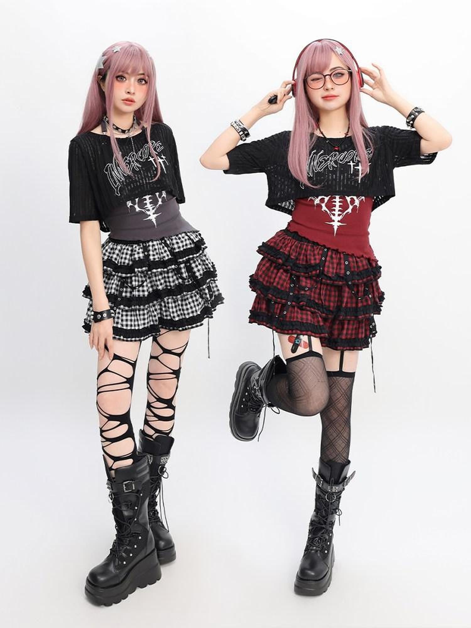 catwish Y2k Cropped Plaid Cartoon Print Women's Cotton Blend Top & Skirt Sets