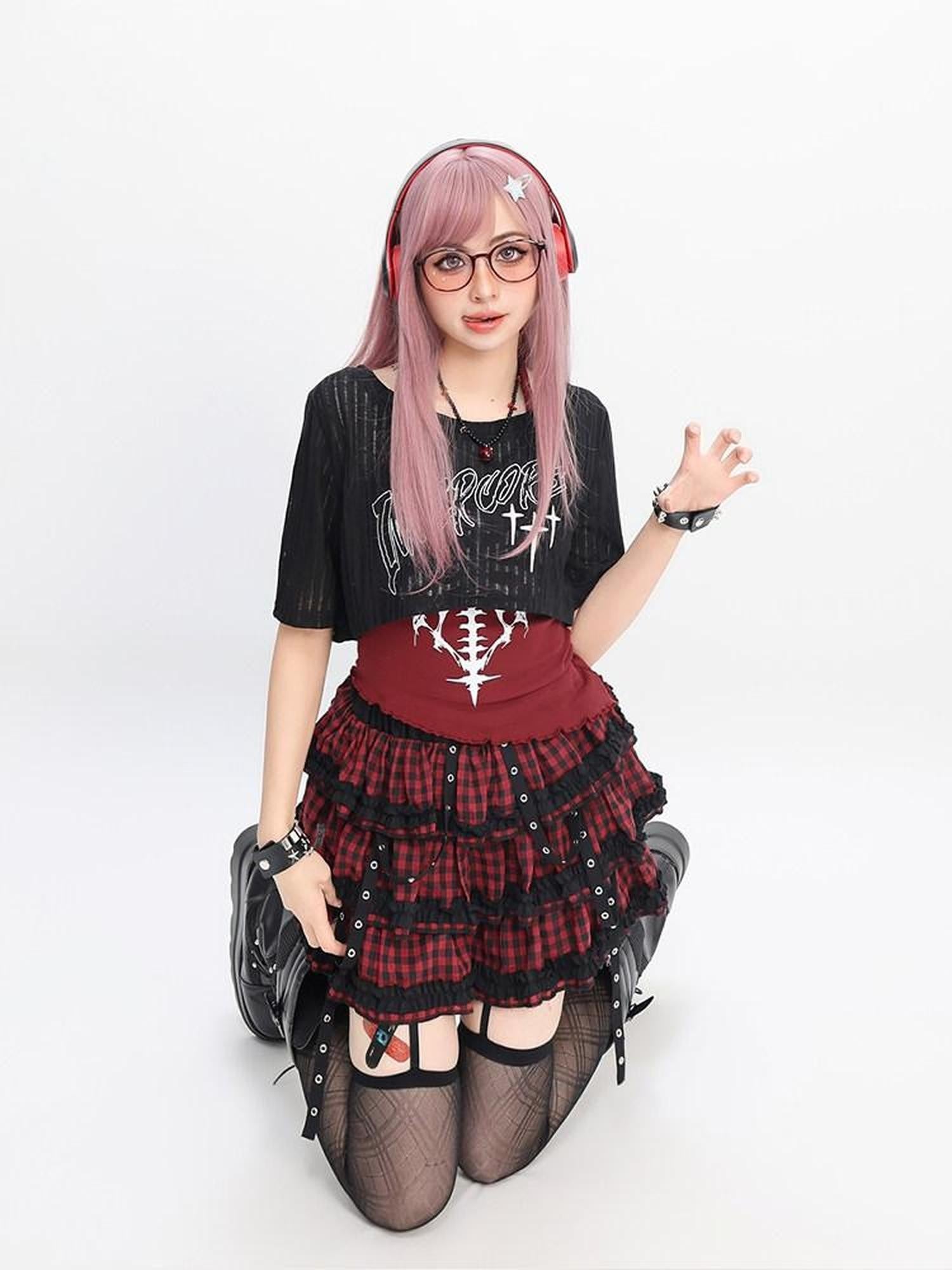 catwish Y2k Cropped Plaid Cartoon Print Women's Cotton Blend Top & Skirt Sets