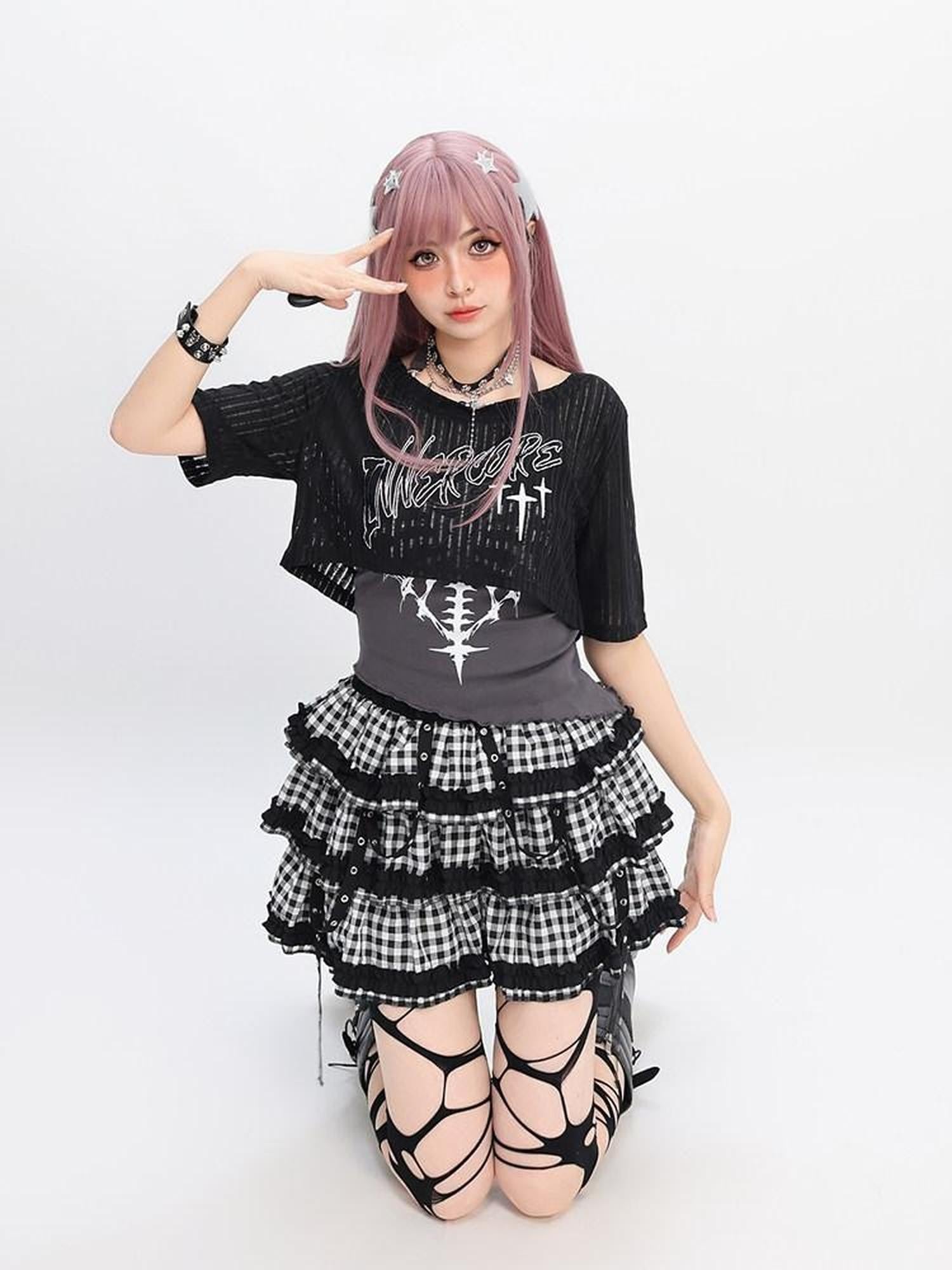 catwish Y2k Cropped Plaid Cartoon Print Women's Cotton Blend Top & Skirt Sets
