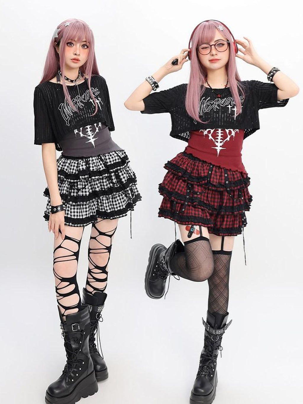 catwish Y2k Cropped Plaid Cartoon Print Women's Cotton Blend Top & Skirt Sets