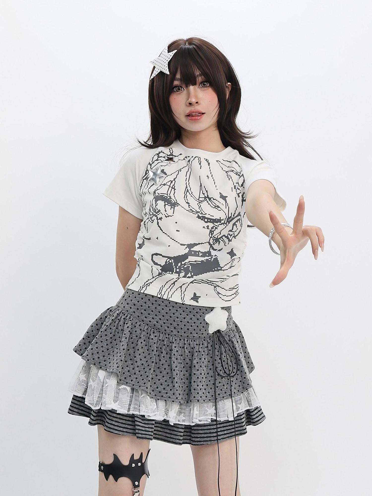 catwish Y2k Low Pixel Girl Print Cropped Women's Cotton Blend Short Sleeve T-shirts
