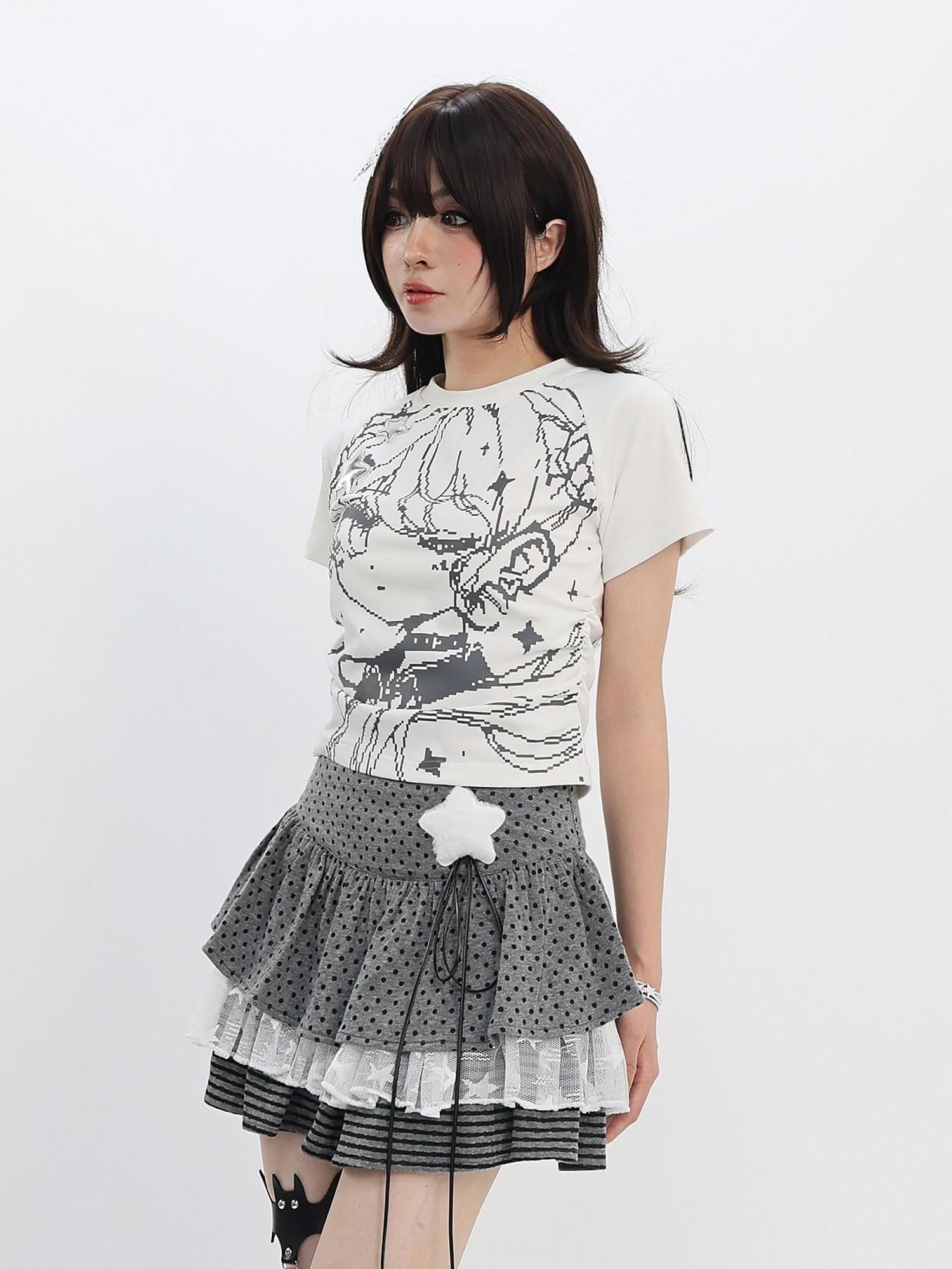 catwish Y2k Low Pixel Girl Print Cropped Women's Cotton Blend Short Sleeve T-shirts