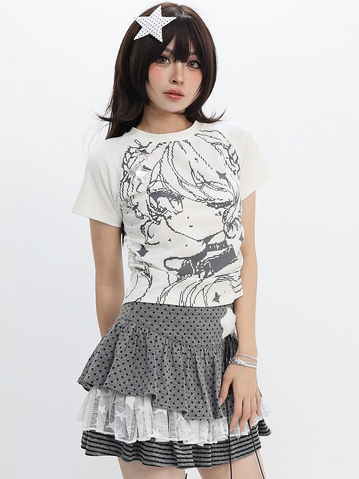 catwish Y2k Low Pixel Girl Print Cropped Women's Cotton Blend Short Sleeve T-shirts