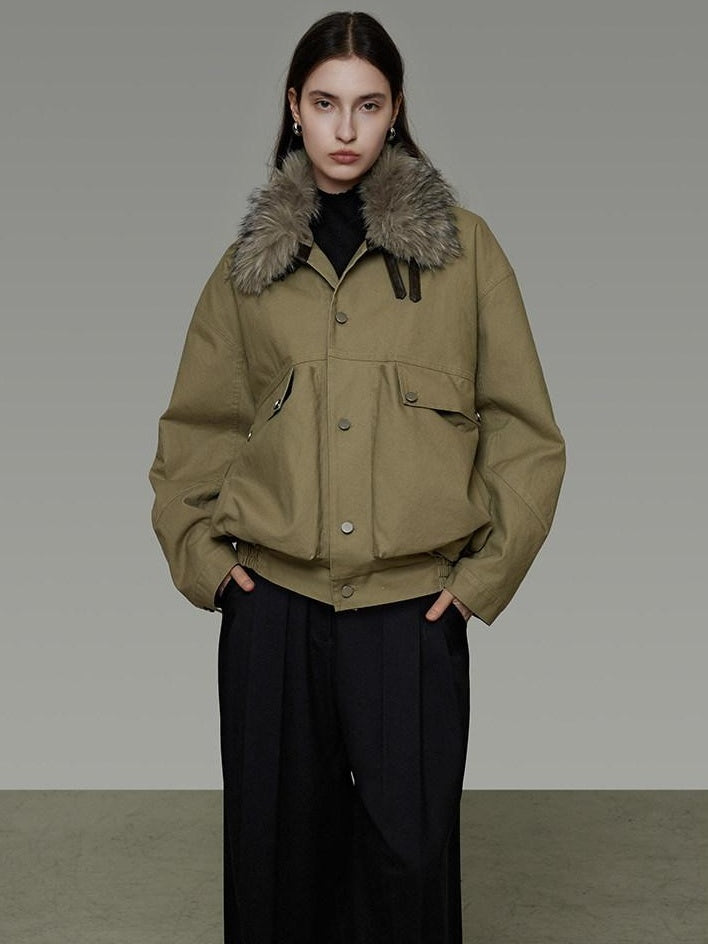unspoken Thick Fleece Lined Fur Collar Loose Minimal Commuter Women Sage Puffer Jackets