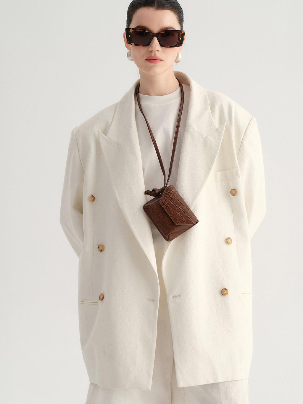 audreyyang Minimal Double Breasted Notch Lapel Midlength Loose Fit Women White Blazers