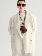 audreyyang Minimal Double Breasted Notch Lapel Midlength Loose Fit Women White Blazers