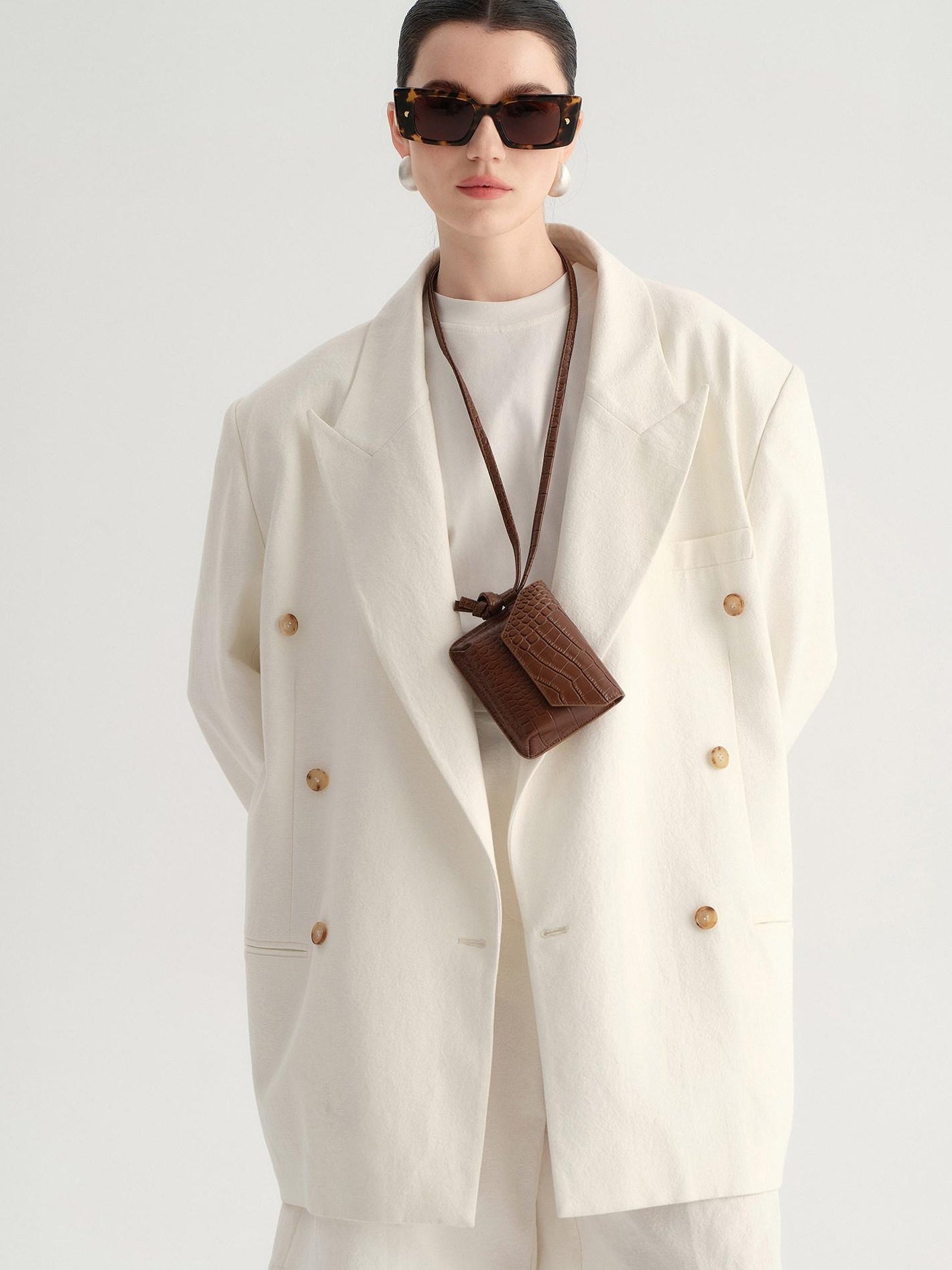 audreyyang Minimal Double Breasted Notch Lapel Midlength Loose Fit Women White Blazers