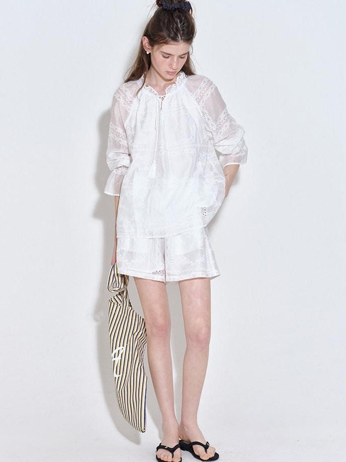 fano Breathable Lyocell Relaxed Three Quarter Sleeve White Lounge Top & Shorts Sets