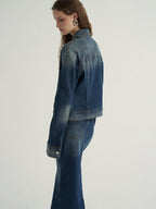 someone sometimes High Cotton Denim Blue Long Sleeve Collared Buttoned Women Top & Skirt Sets