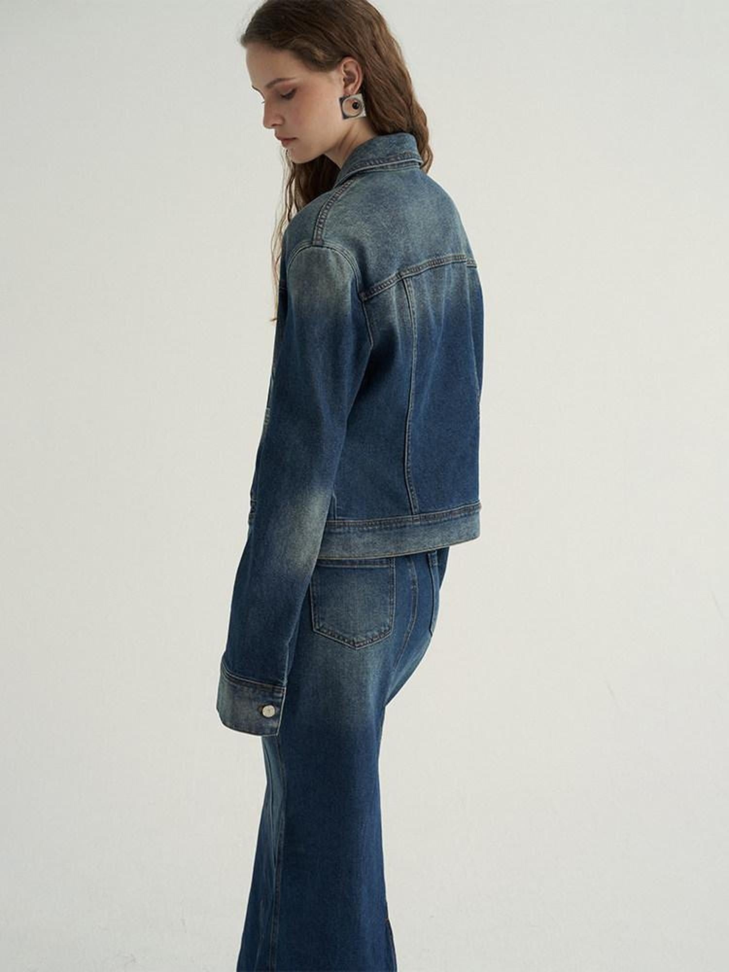 someone sometimes High Cotton Denim Blue Long Sleeve Collared Buttoned Women Top & Skirt Sets