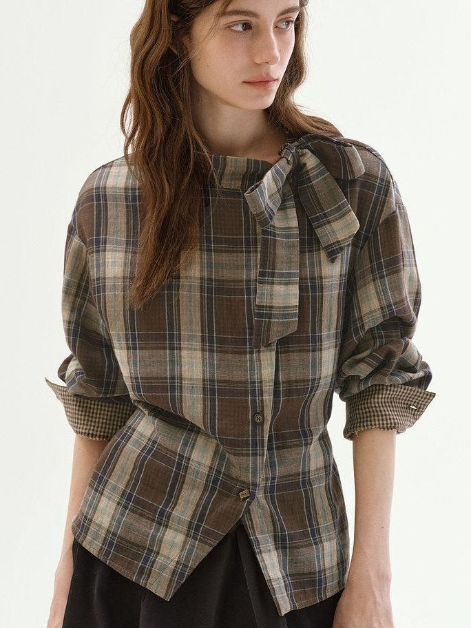 fano Soft Cotton Tie Bow Plaid Long Sleeve Stand Collar Office Cardigan Women Blouses