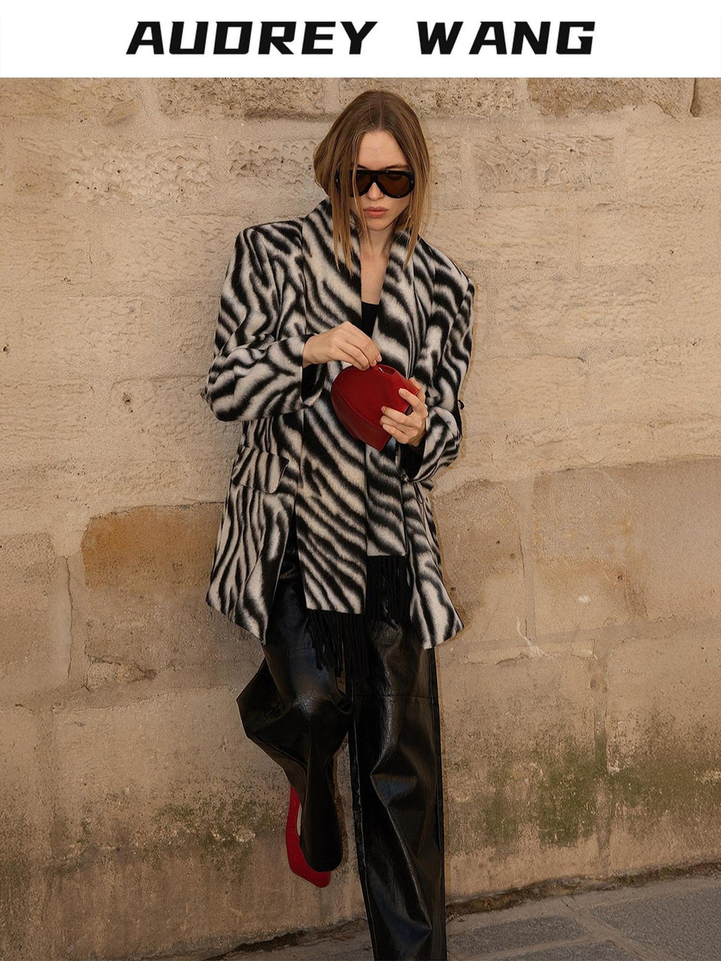 audreyyang Wool Blend Fringe Relaxed Double Breasted Women Zebra Print Blazers