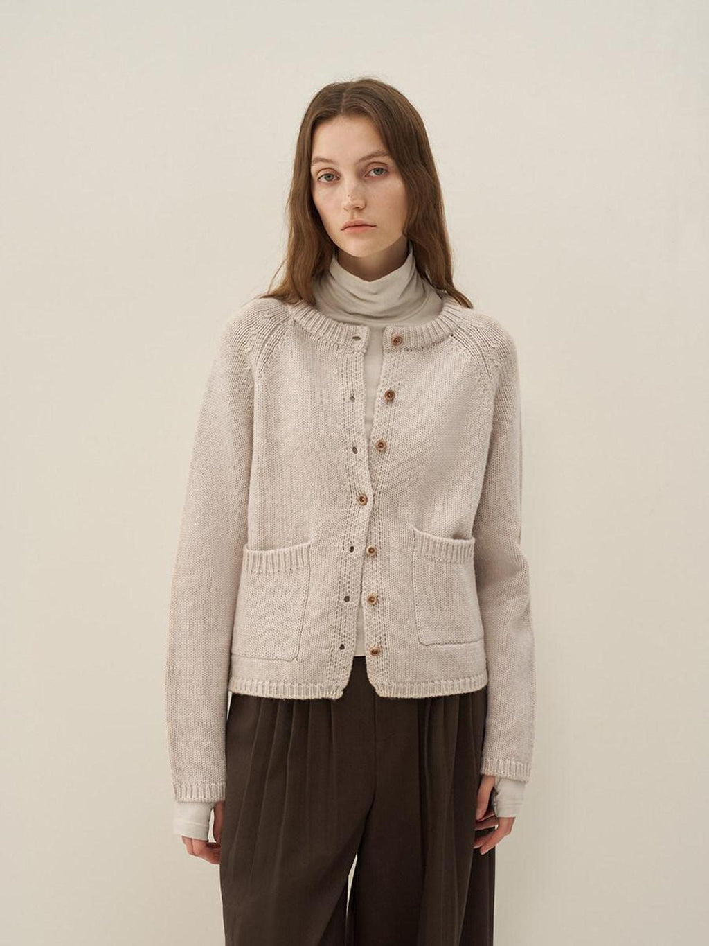 someone sometimes Wool Blend Button Front Round Neck Long Sleeve Commuter Oatmeal Beige Cardigans