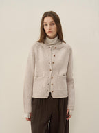 someone sometimes Wool Blend Button Front Round Neck Long Sleeve Commuter Oatmeal Beige Cardigans
