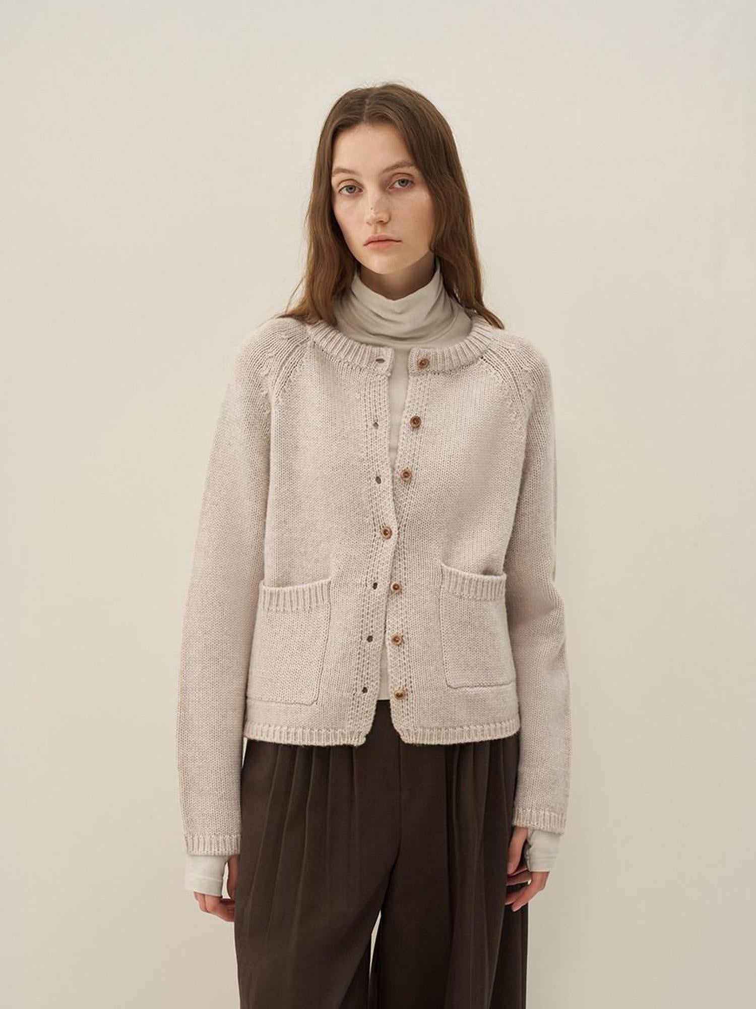 someone sometimes Wool Blend Button Front Round Neck Long Sleeve Commuter Oatmeal Beige Cardigans
