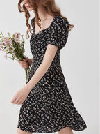 fano Black Floral Puff Sleeve V-neck High Waist A Line Office Chic Midi Dresses