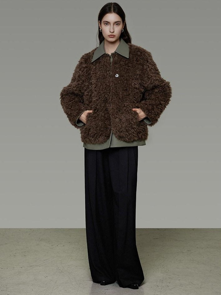 unspoken Warm Patchwork Lapel Loose Fit Minimalist Women Chestnut Short Coat