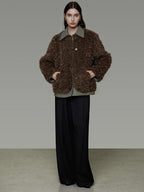 unspoken Warm Patchwork Lapel Loose Fit Minimalist Women Chestnut Short Coat
