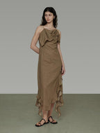 unspoken Cotton High Waist Irregular Hem Minimal Work Strappy Brown Maxi Dresses
