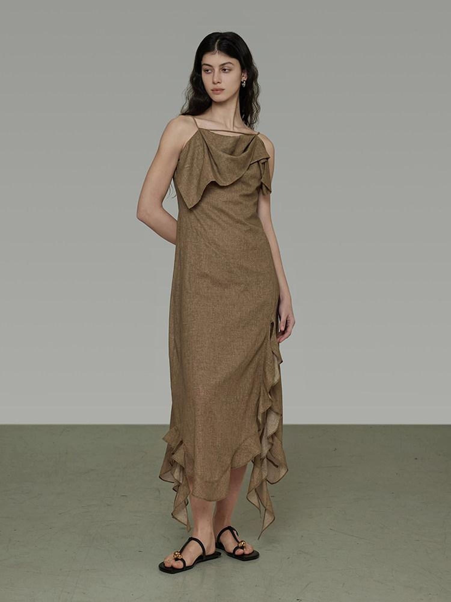 unspoken Cotton High Waist Irregular Hem Minimal Work Strappy Brown Maxi Dresses