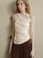someone sometimes Soft Viscose Blend Slim Fit One Shoulder Beige Stretch Ruching Tank Tops