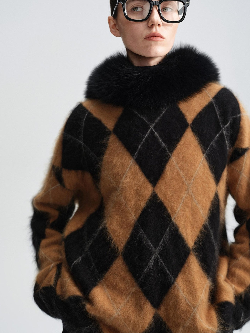 audreyyang Thick Wool Cashmere Vintage Straight Fit Brown Diamond Knit Women Sweaters