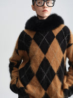 audreyyang Thick Wool Cashmere Vintage Straight Fit Brown Diamond Knit Women Sweaters