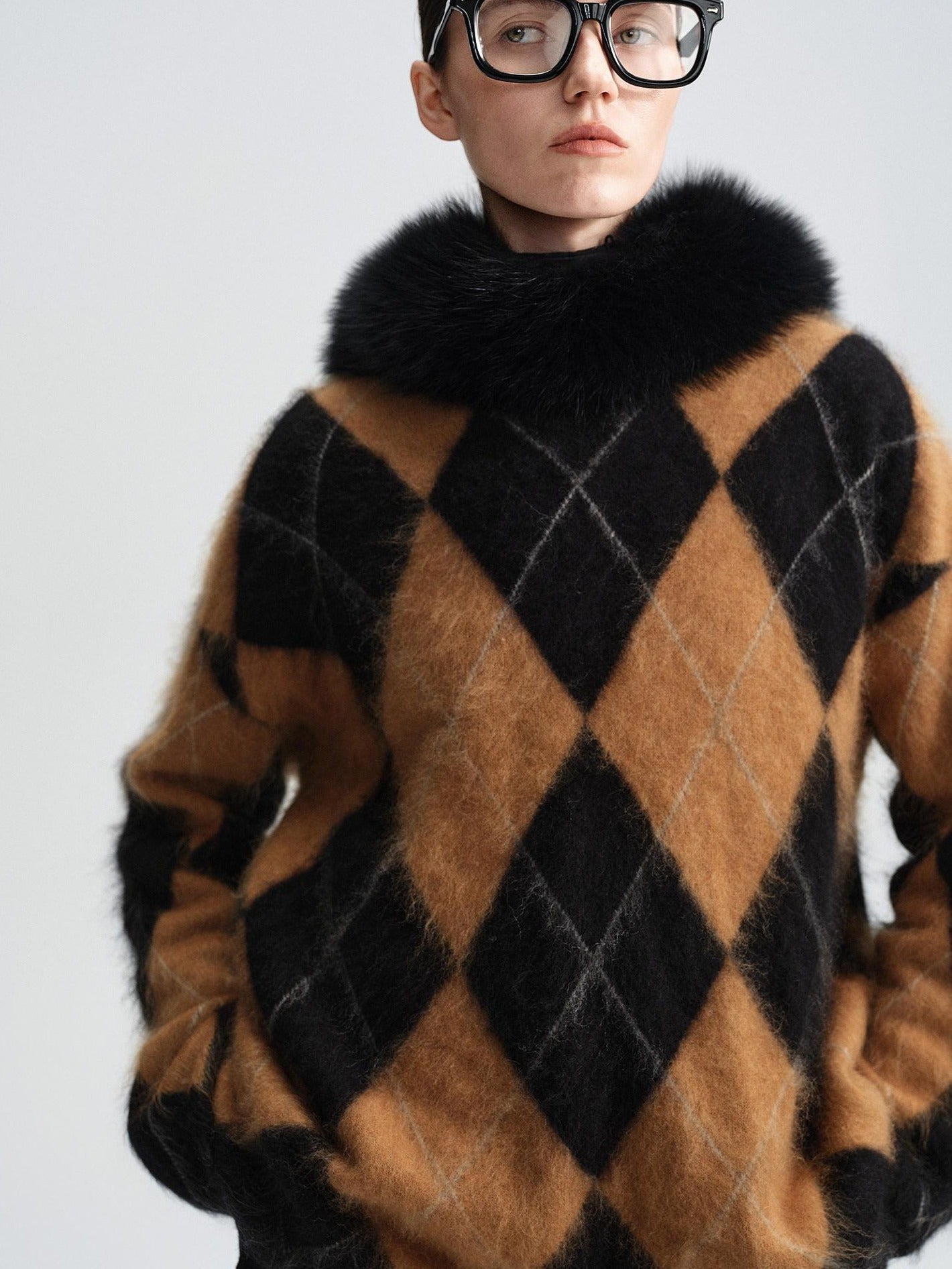 audreyyang Thick Wool Cashmere Vintage Straight Fit Brown Diamond Knit Women Sweaters