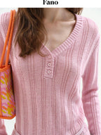 fano Soft Bubblegum Pink Slim Korean V-neck Long Sleeve Women Acrylic Sweaters