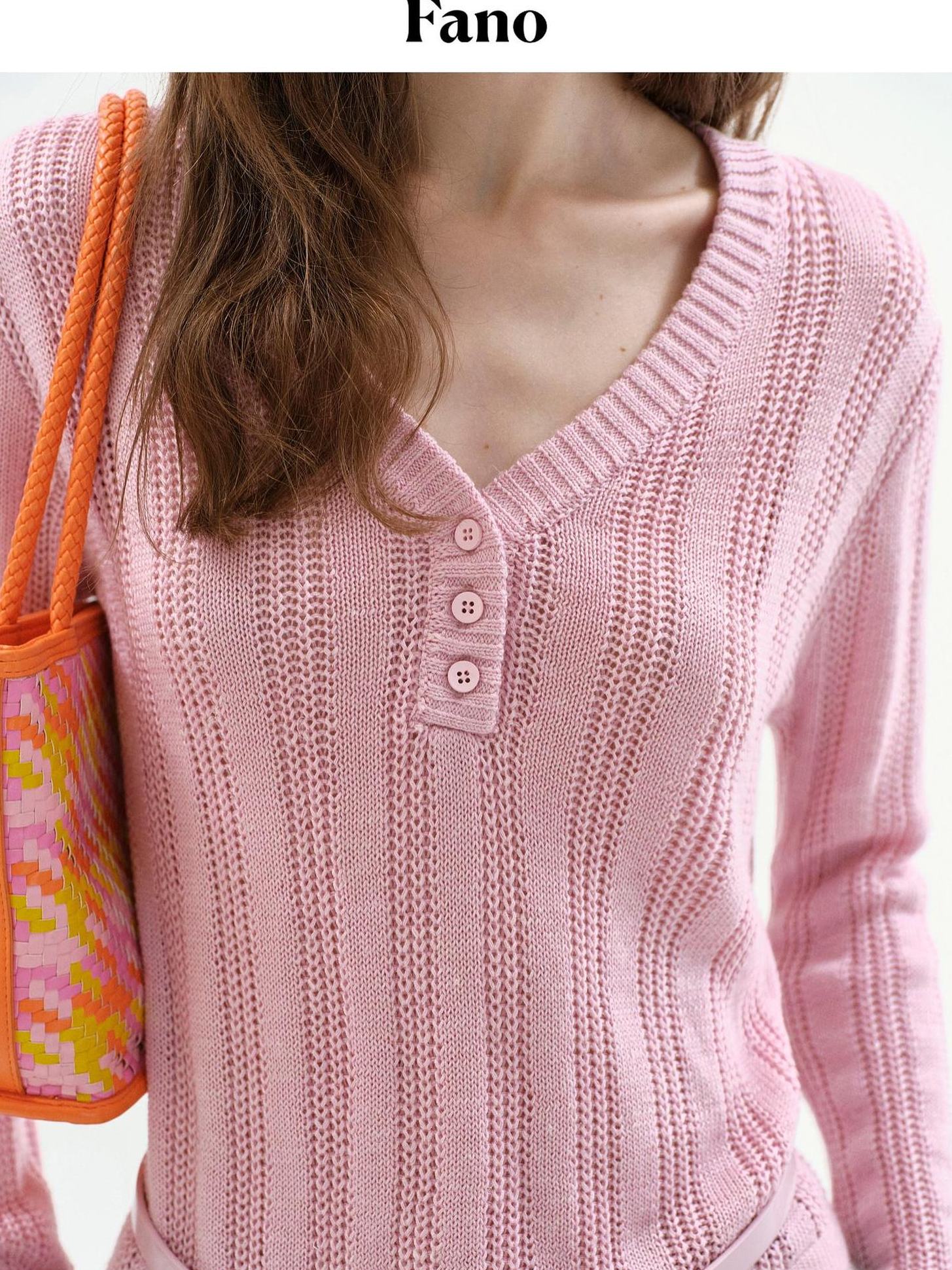 fano Soft Bubblegum Pink Slim Korean V-neck Long Sleeve Women Acrylic Sweaters
