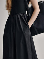fano Cotton High Waist A Line Square Neck Short Sleeve Office Casual Maxi Dresses