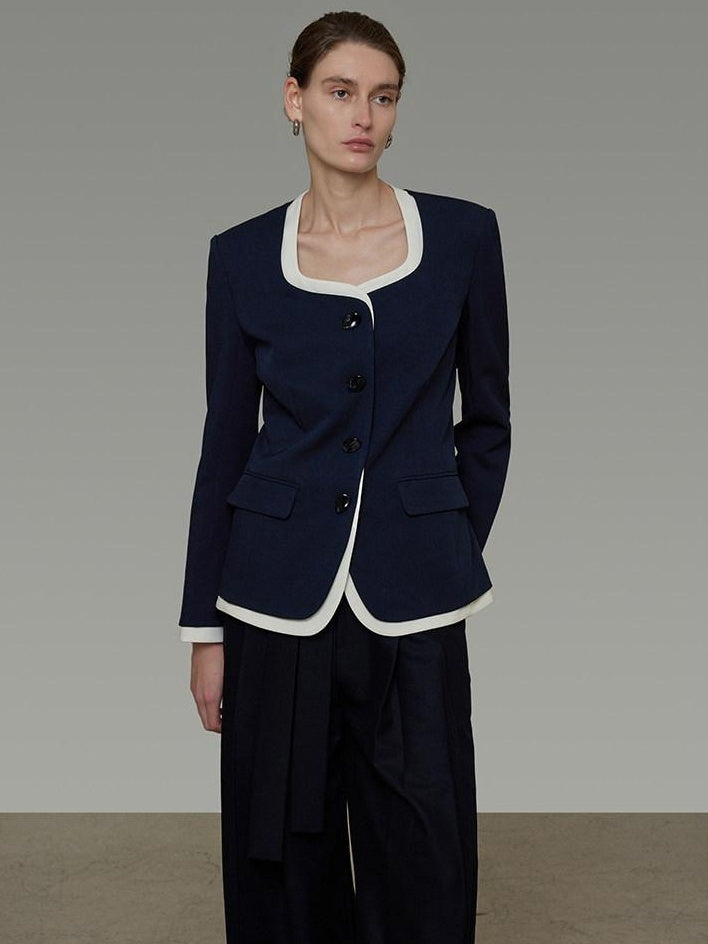 unspoken Durable Shape Loose Office Button Flap Pocket Women Navy Cropped Jackets