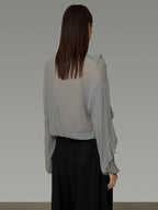 unspoken Breathable V-neck Ruffle Loose Fit Commuter Workwear Women Blue Pullover Blouses