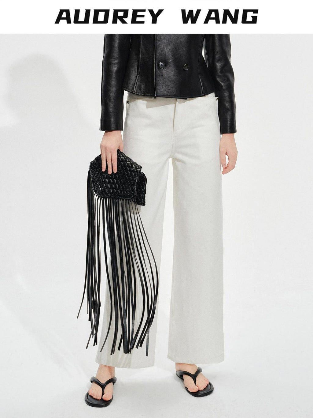 audreyyang Breathable Cotton High Waist Tailored Pockets Button Fly White Straight Pants