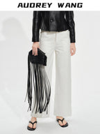 audreyyang Breathable Cotton High Waist Tailored Pockets Button Fly White Straight Pants