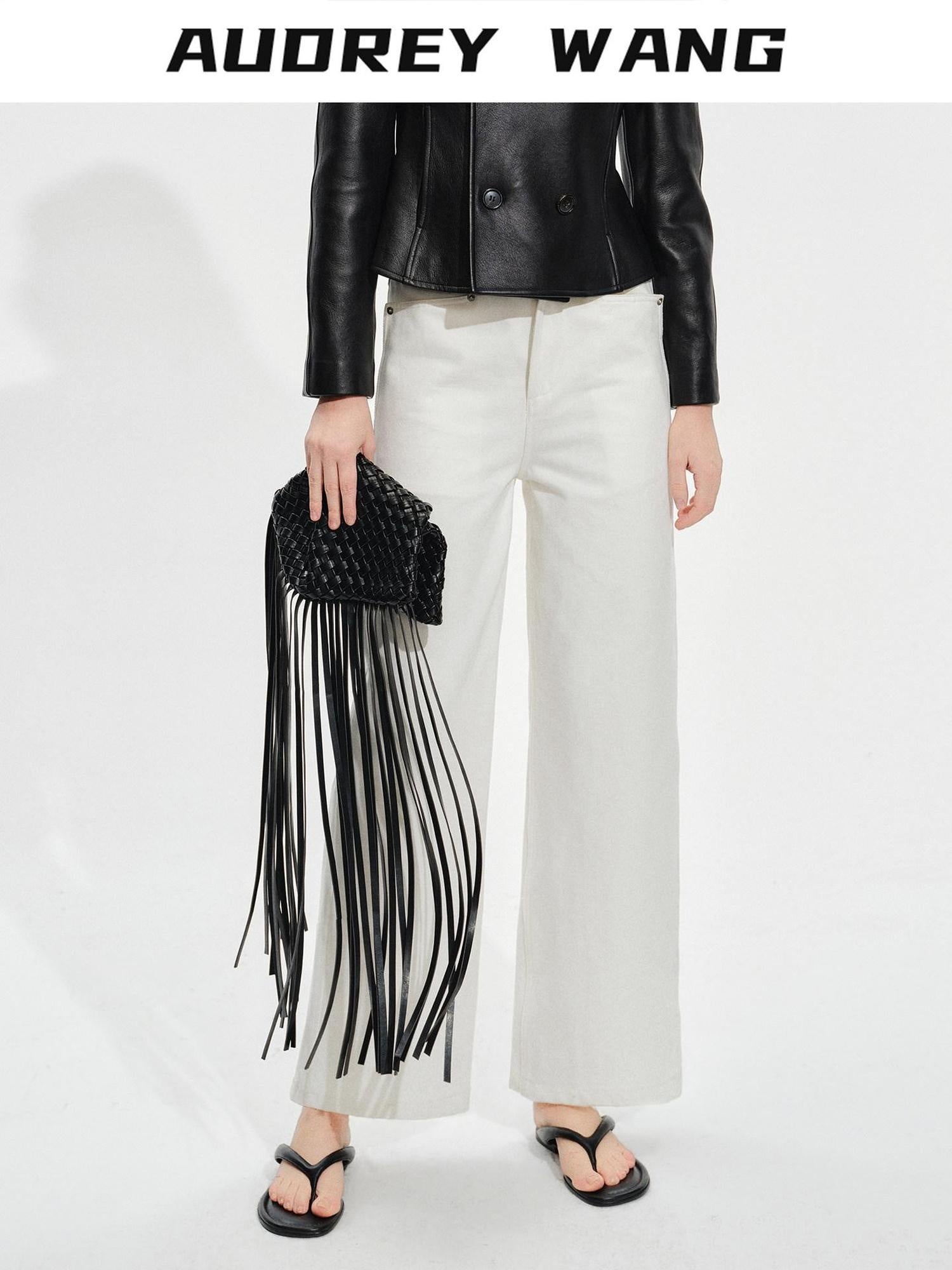 audreyyang Breathable Cotton High Waist Tailored Pockets Button Fly White Straight Pants