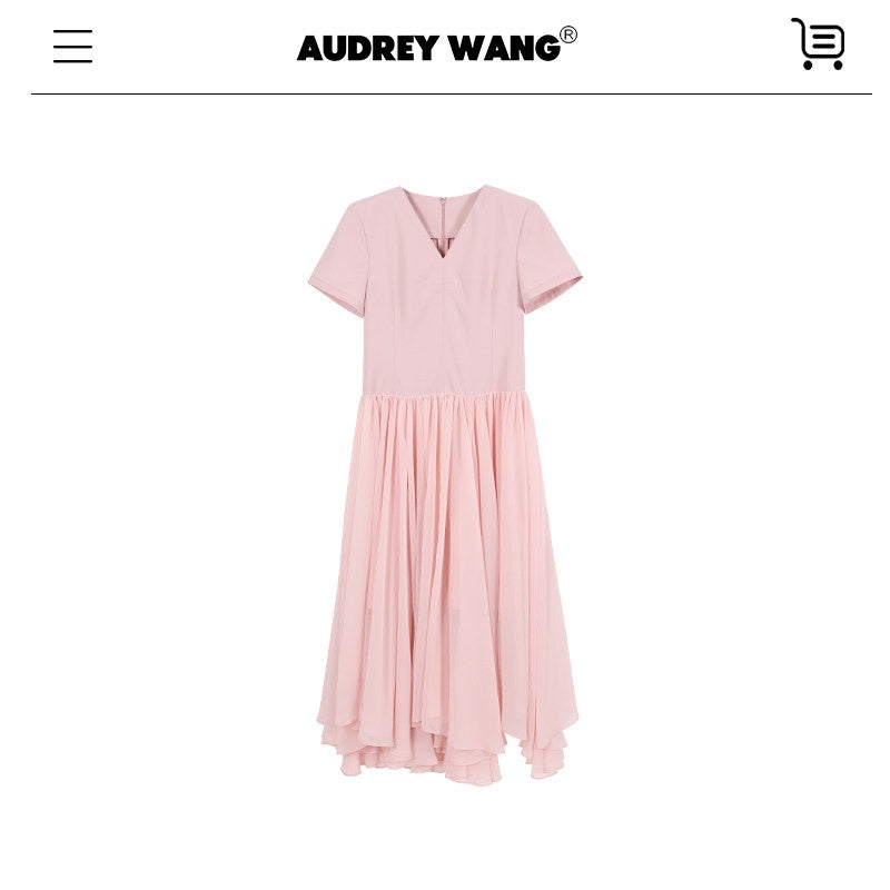 audreyyang_Refined_Solid_V-neck_Natural_Waist_Short_Sleeve_Casual_Polyester_Maxi_Dresses_MISSTT